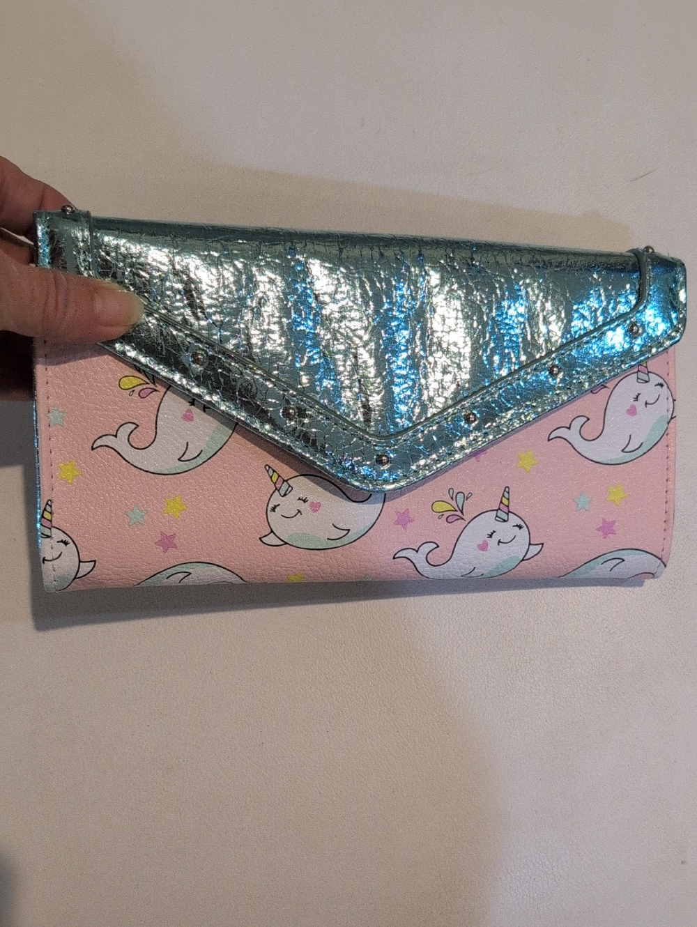 Pink Narwhal Print Wallet with Metallic Blue Flap